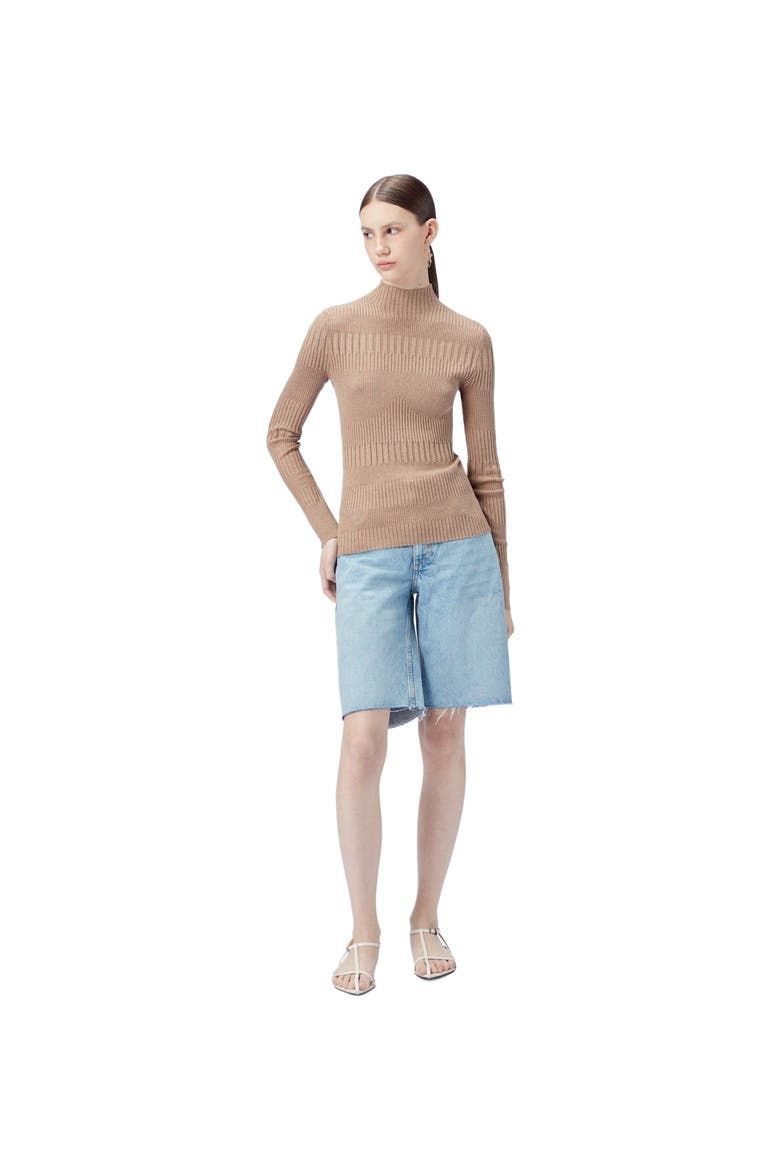 High-neck Ribbed Cotton Silk Cashmere Blend Sweater, Alternate, color, timber wolf