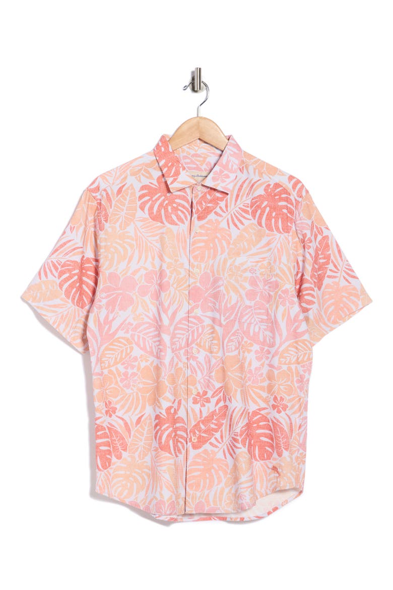 Falling Monstera Short Sleeve Button-Up Shirt, Alternate, color, CLARETE