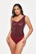 Popilush Sequin Cowl Neck Chain Detail Sculpting Bodysuit