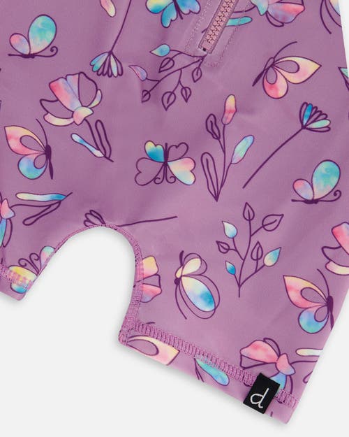 Deux Par Deux Little Girl's Printed Long Sleeve One-piece Rashguard Old Mauve And Multicolored Butte In Purple