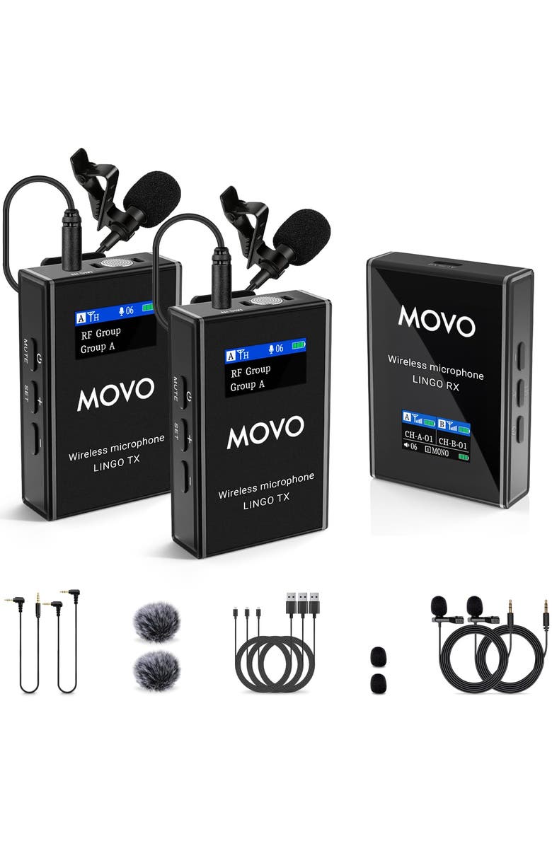 MOVO Lingo-Duo Wireless Lavalier Mic System for DSLR Cameras and Smartphones, Main, color, Black