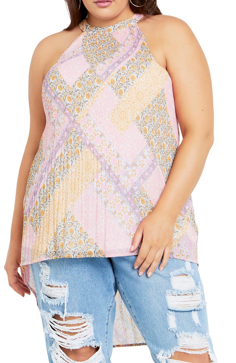 City Chic Kayla Pleated High-Low Top, Main, color, Print