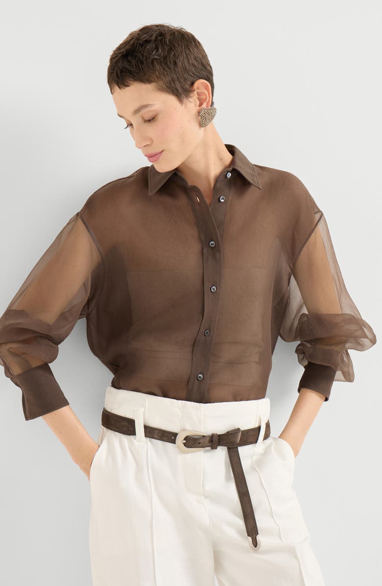 Brunello Cucinelli Crispy silk shirt, Alternate, color, Cocoa