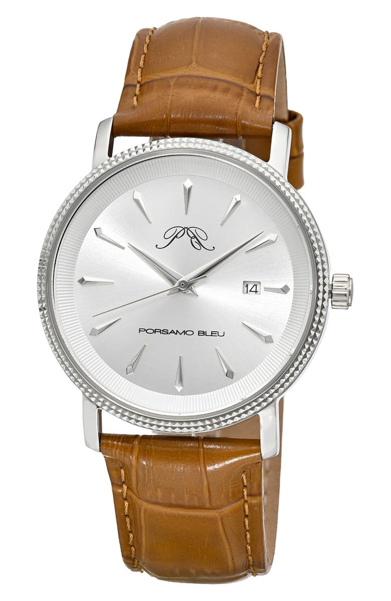 PORSAMO BLEU Veritas 2 Croc Embossed Leather Strap Watch, 40mm, Main, color, Silver