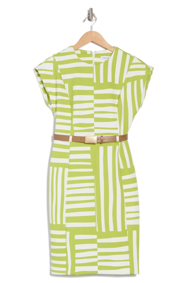 Calvin Klein Stripe Cap Sleeve Belted Sheath Dress, Alternate, color, Celery/ Cream