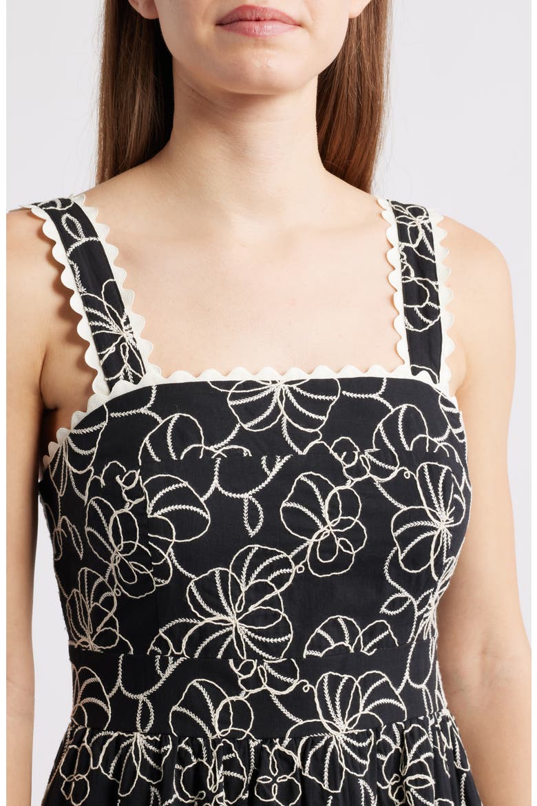 Floral Embroidered Cotton Midi Dress, Alternate, color, BLACK/ WHITE