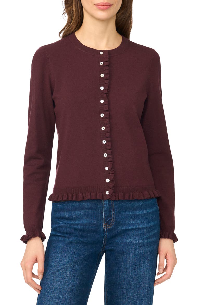 Ruffle Trim Cardigan, Main, color, DARK COCOA