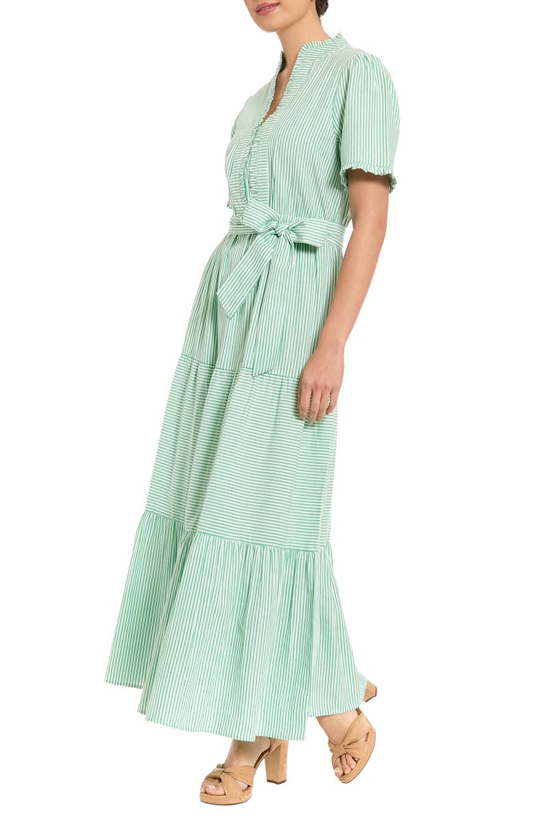 London Times Stripe Short Sleeve Tie Waist Tiered Cotton Maxi Dress, Alternate, color, Green/ White
