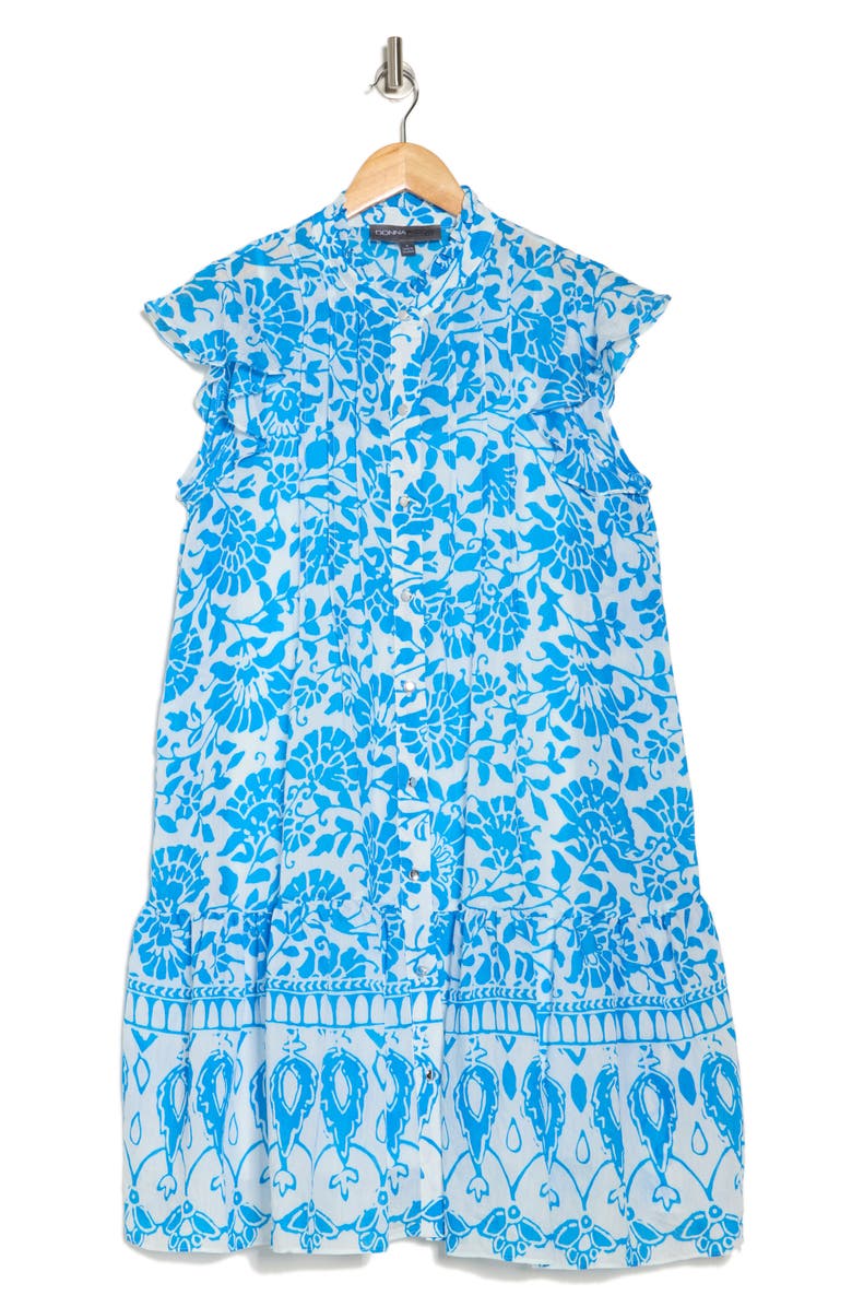 Donna Ricco Ruffle Cap Sleeve Button Front Dress, Alternate, color, Blue White
