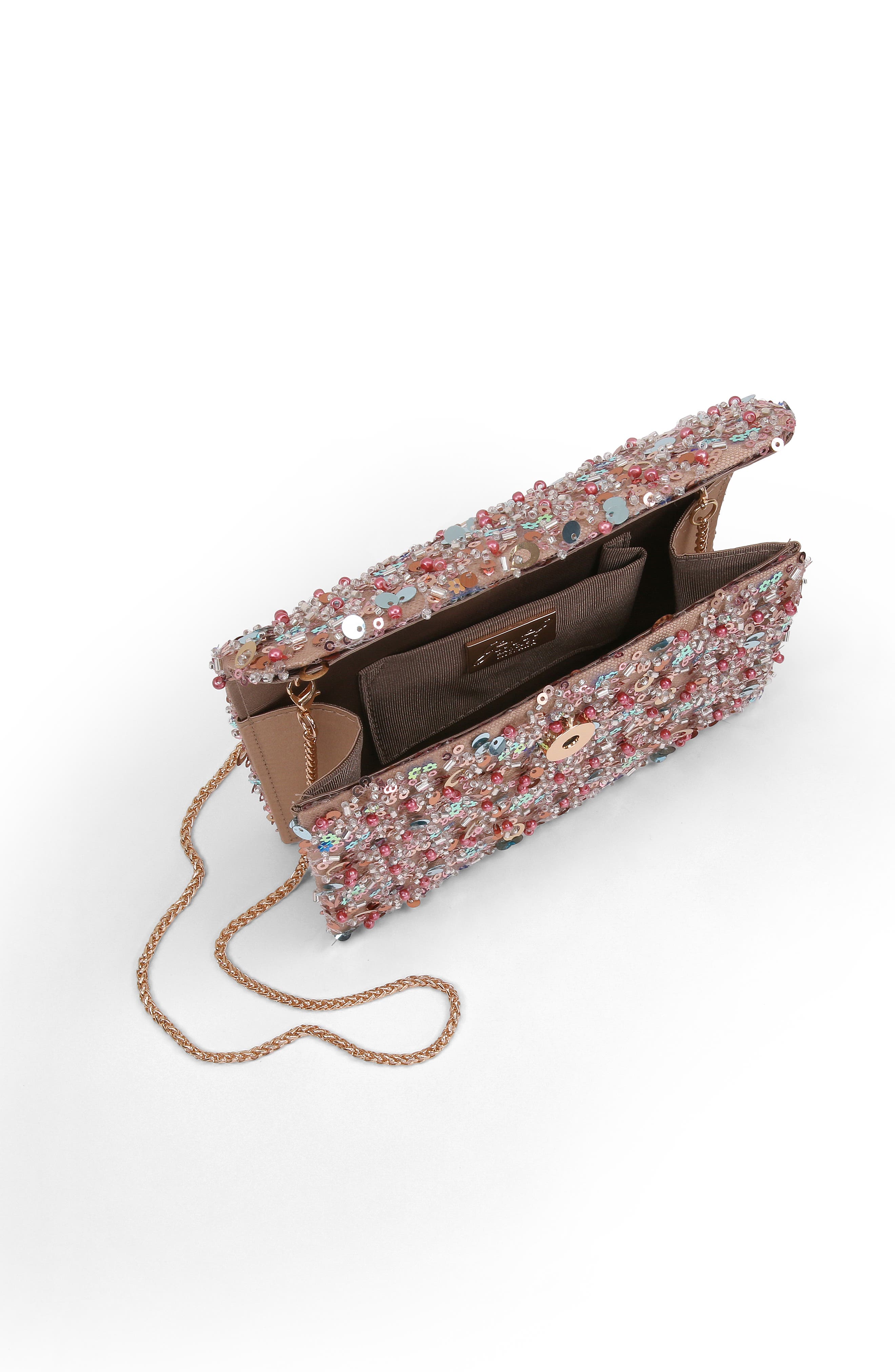 Jewel Badgley Mischka Aurora Beaded Mini Trapezoid Clutch, Alternate, color, Taupe