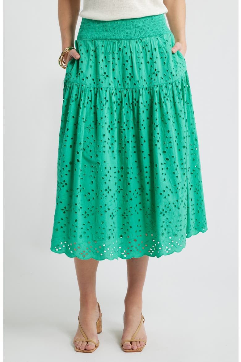 Smocked Waist Eyelet Midi Skirt, Main, color, GREEN EASE