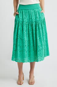 Caslon® Smocked Waist Eyelet Midi Skirt