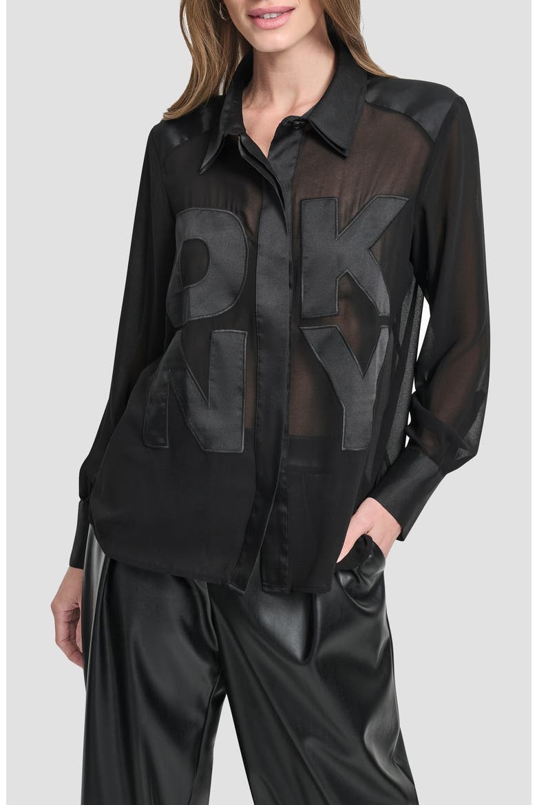 Chiffon Logo Sheer Button-Up Shirt, Main, color, BLACK