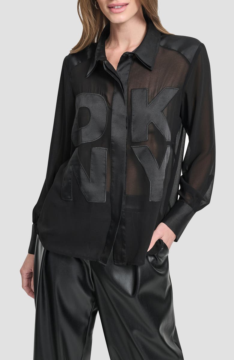 DKNY Chiffon Logo Sheer Button-Up Shirt, Main, color, Black