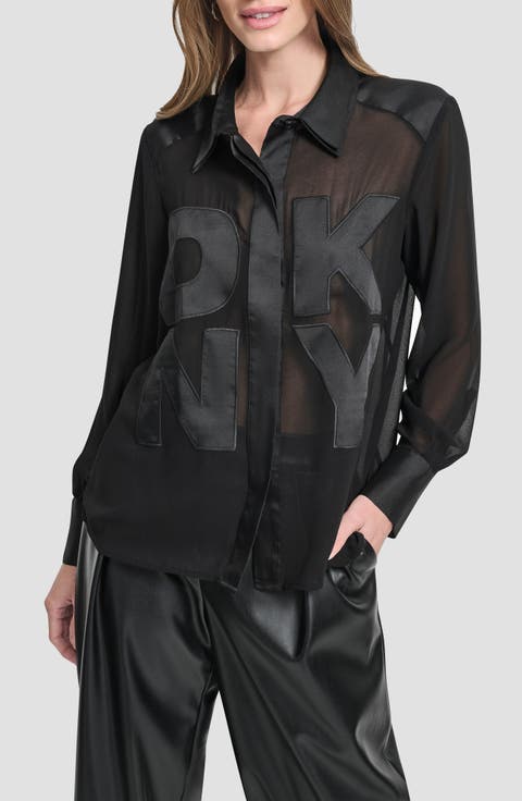 Chiffon Logo Sheer Button-Up Shirt
