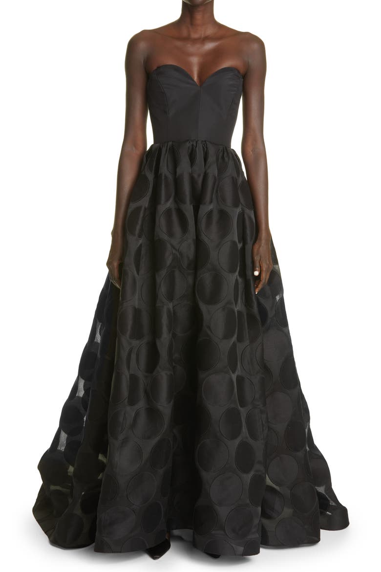 Fil Coupé Polka Dot Strapless Ballgown, Main, color, BLACK