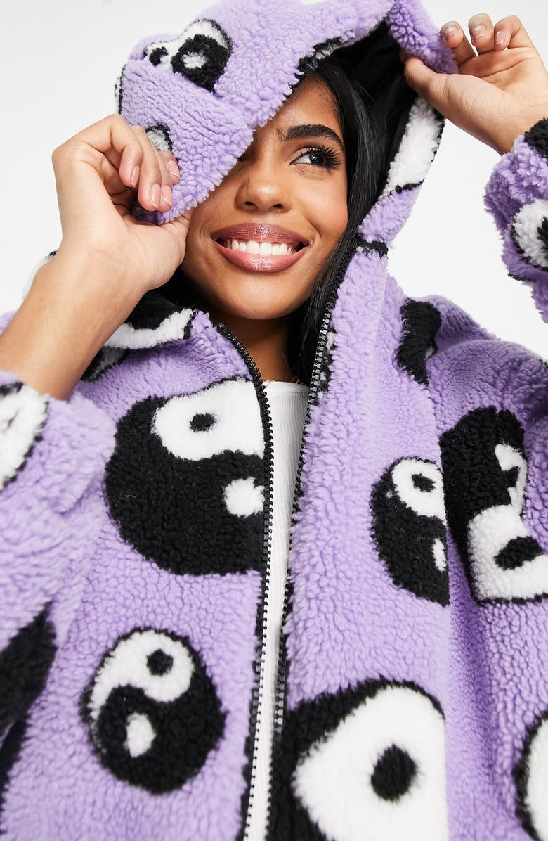 ASOS DESIGN Yin Yang Fleece Hooded Zip Jacket, Alternate, color,
