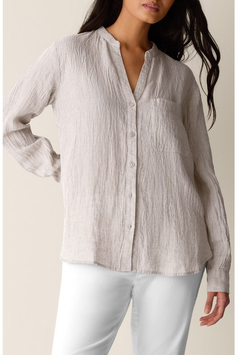 Mandarin Collar Long Sleeve Organic Linen Button-Up Shirt, Main, color, WHEAT