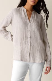 Eileen Fisher Mandarin Collar Long Sleeve Organic Linen Button-Up Shirt