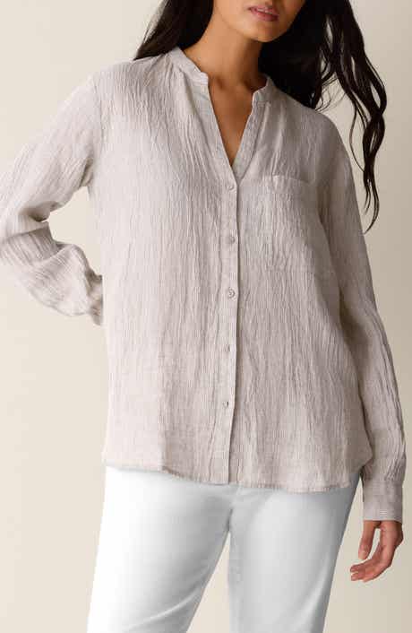 Mandarin Collar Long Sleeve Organic Linen Button-Up Shirt