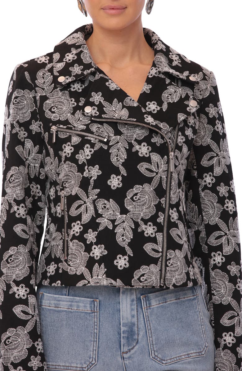 Bagatelle Floral Embroidery Cotton Moto Jacket, Alternate, color, Black