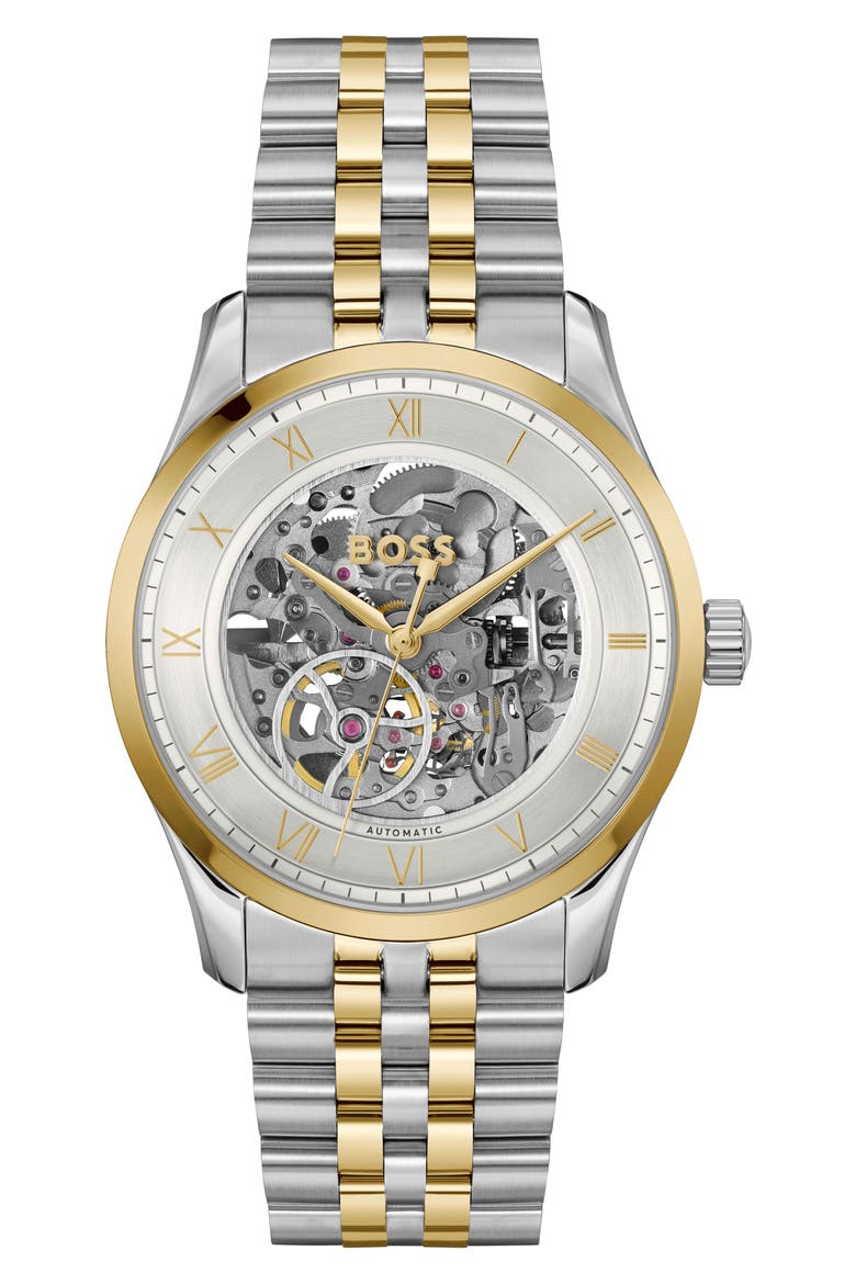 Principle Skeleton Automatic Bracelet Watch, 41mm, Main, color, SILVER WHITE