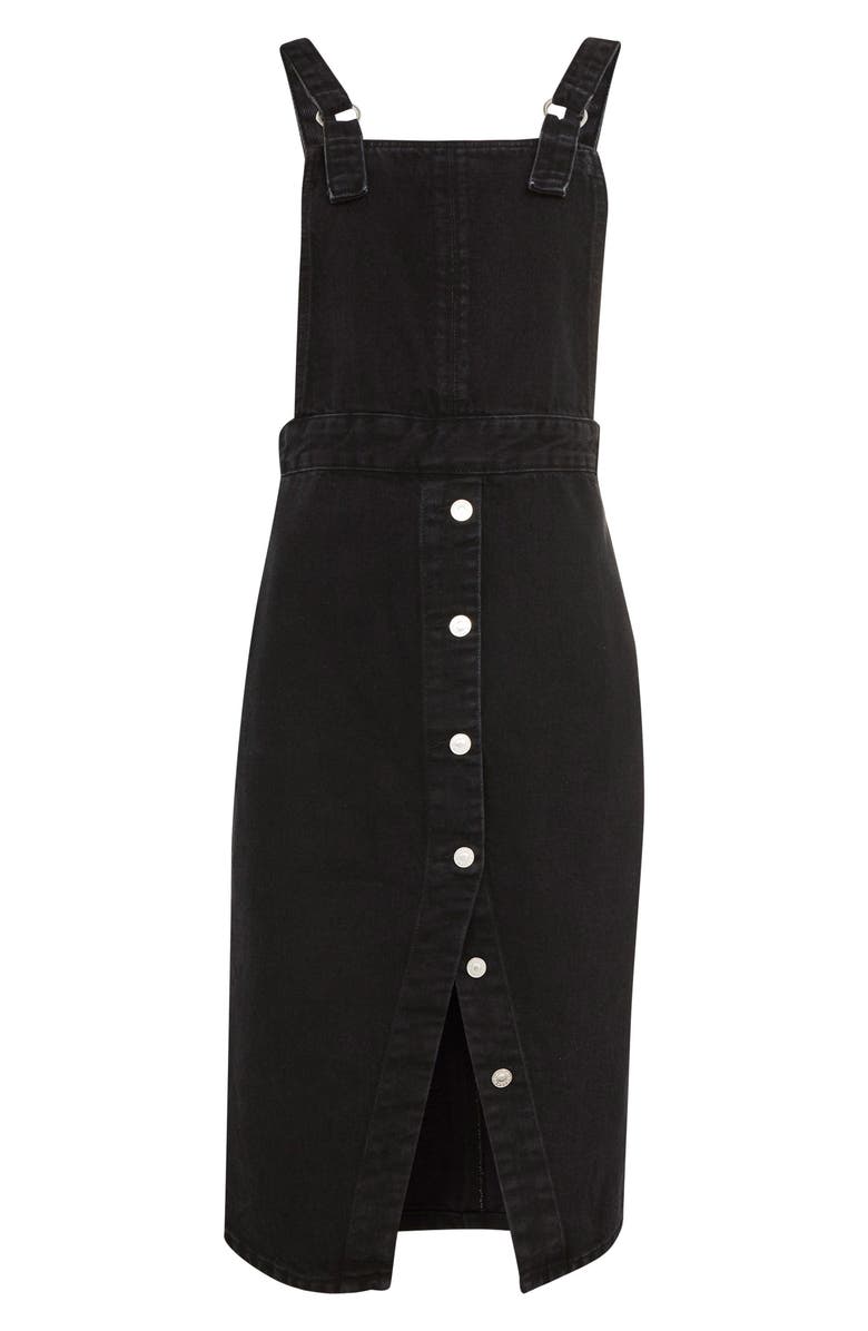Topshop Black Denim Midi Pinafore Dress, Alternate, color, 