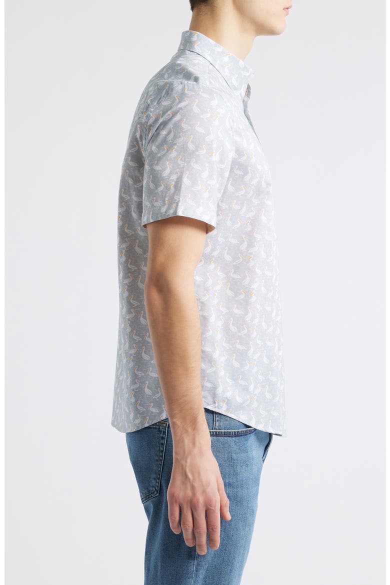 Pelican Print Short Sleeve Button Down Shirt, Alternate, color, GRAY