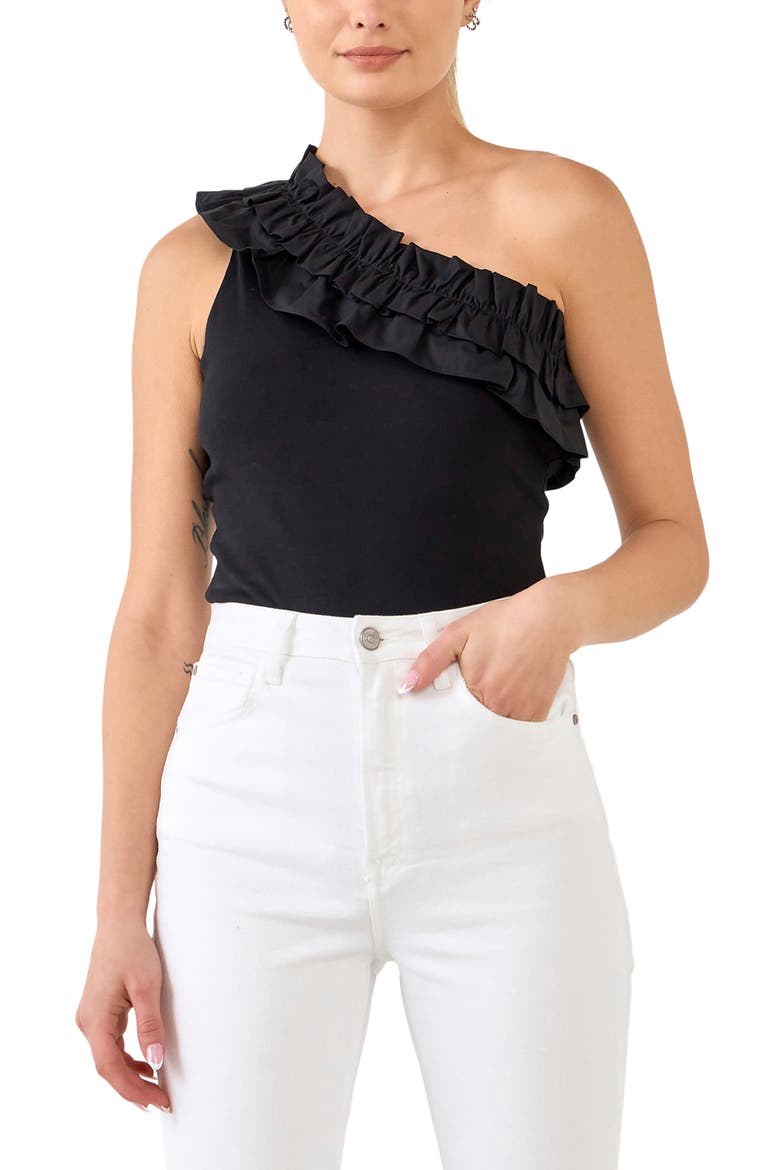 Ruffle One-Shoulder Bodysuit, Main, color, BLACK