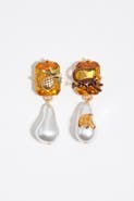 Bimba y Lola Crystal Topaz And Pearl Earrings With Monkey, Pineapple And Banana