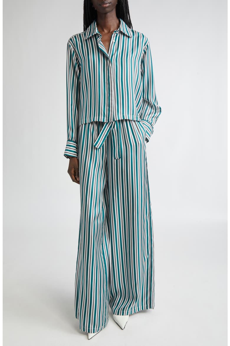 Brama Stripe Crop Silk Button-Up Shirt, Alternate, color, DARK GREEN