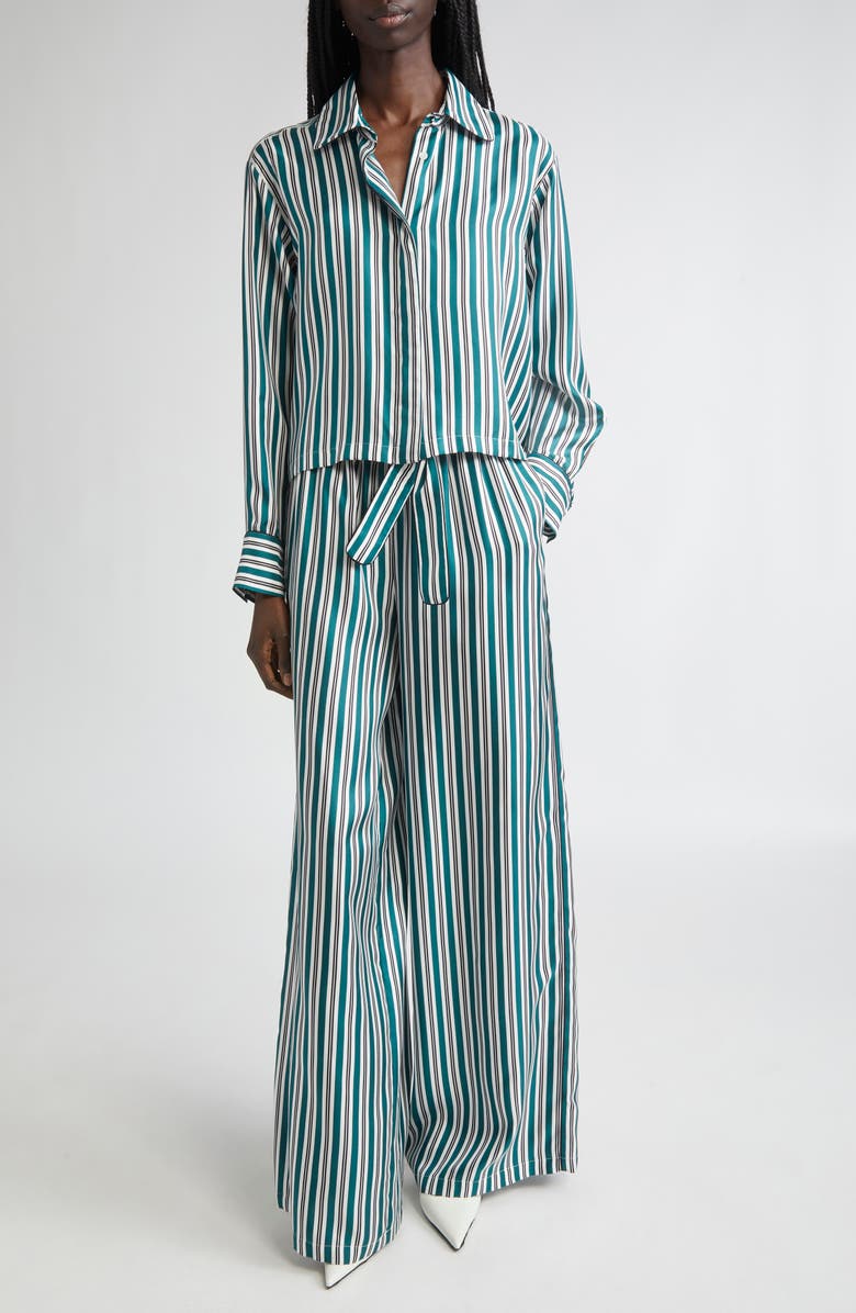 Max Mara Brama Stripe Crop Silk Button-Up Shirt, Alternate, color, Dark Green