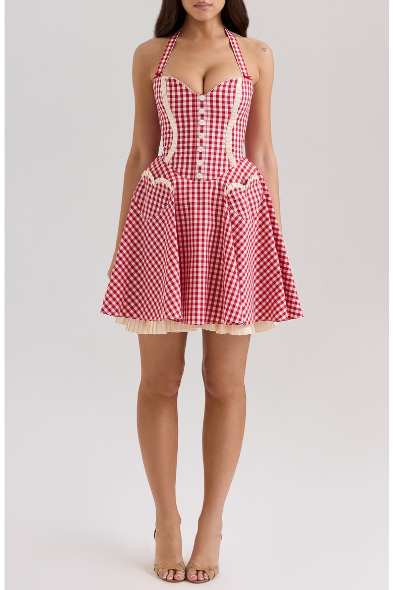 Heidi Fit & Flare Gingham Halter Minidress, Main, color, GINGHAM SAVVY RED WHITE SMOKE
