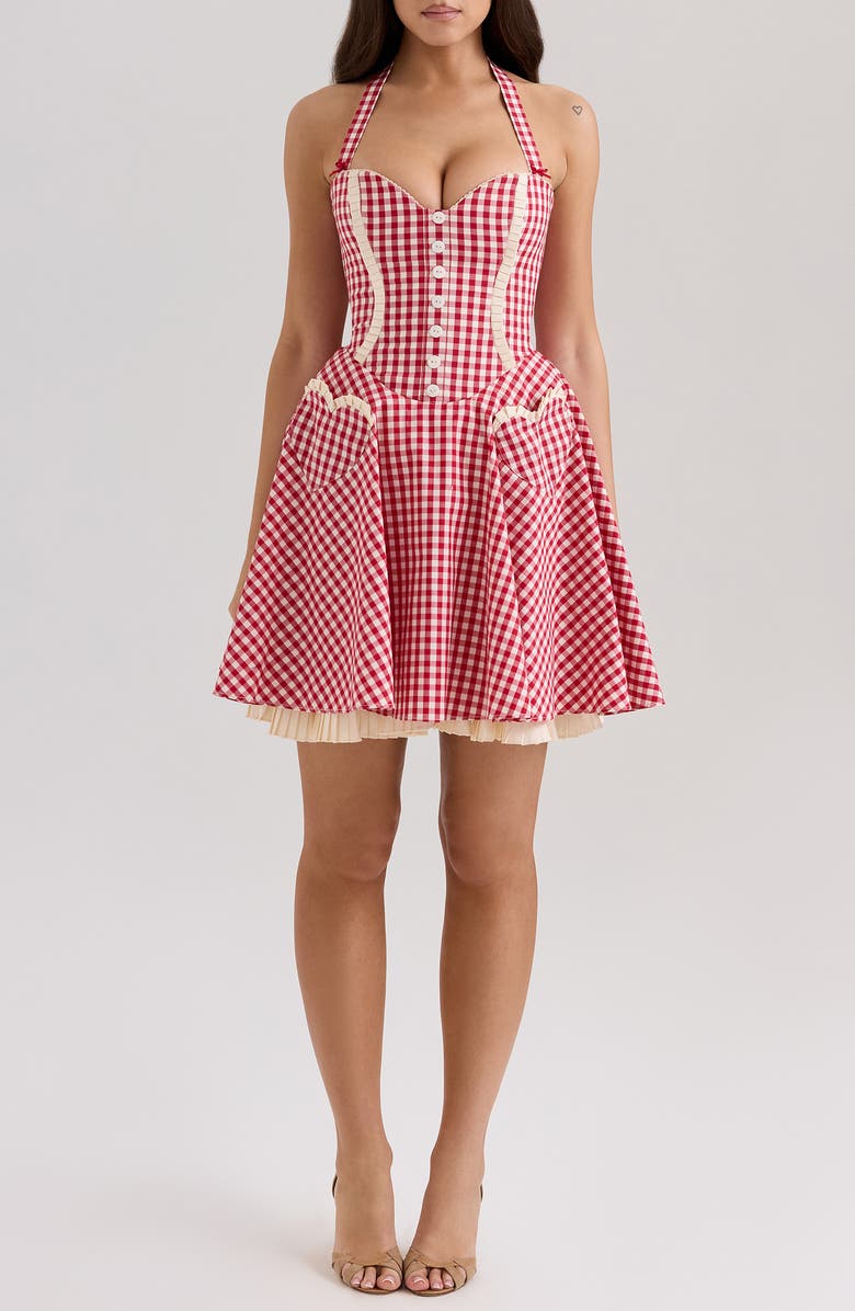 HOUSE OF CB Heidi Fit & Flare Gingham Halter Minidress, Main, color, Gingham Savvy Red White Smoke