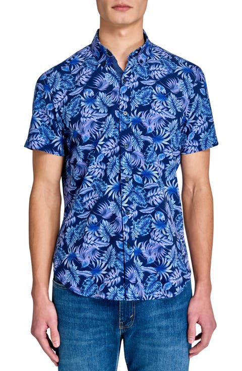 Tropical Short Sleeve Stretch Button-Down Shirt