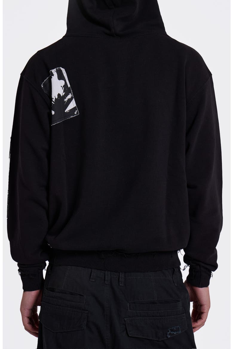 Devoted Graphic Patch Distressed Hoodie, Alternate, color, BLACK
