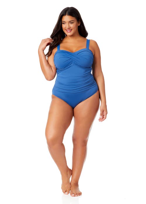 Anne Cole Plus Plus Palm Chic Twist Front Shirred One Piece Swimsuit In Slate Blue