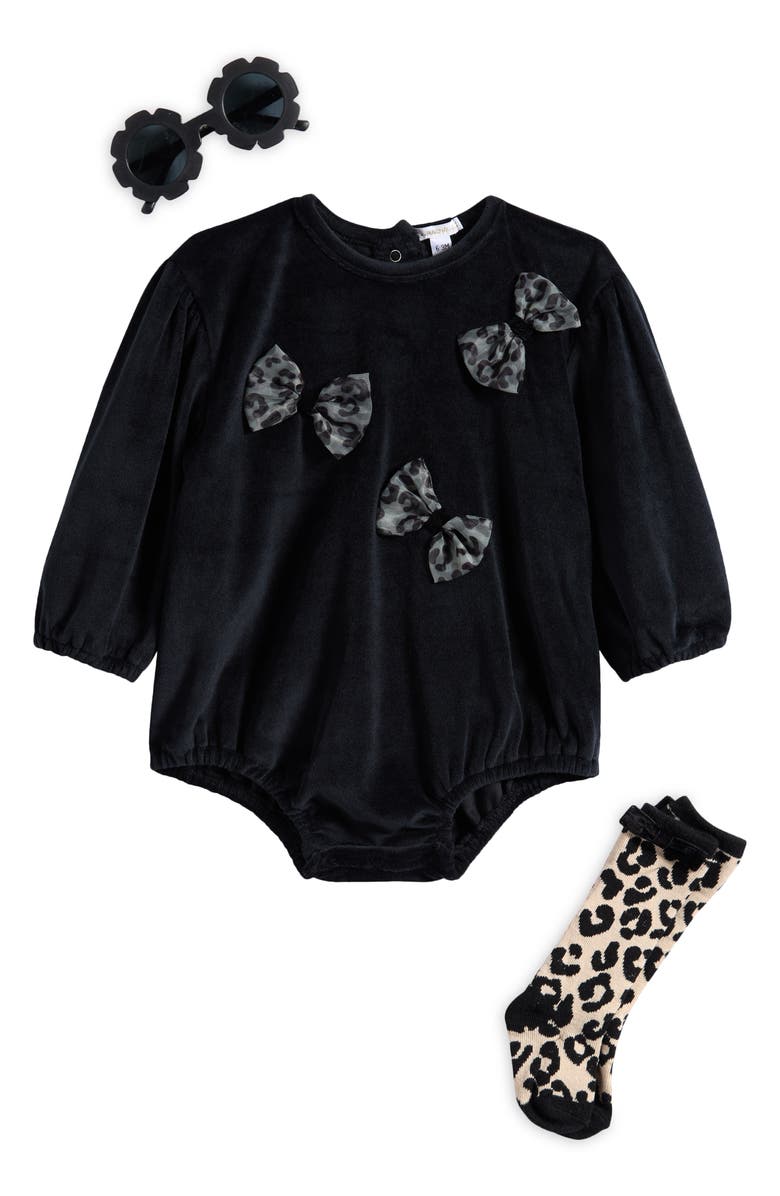 Rachel Zoe Velour Romper, Socks & Sunglasses Set, Main, color, Black