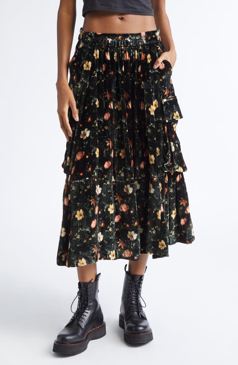 R13 Gathered Floral Velvet Cargo Midi Skirt, Main, color, Multifloral Black