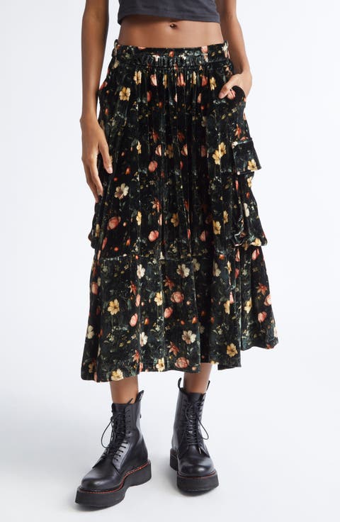 Gathered Floral Velvet Cargo Midi Skirt