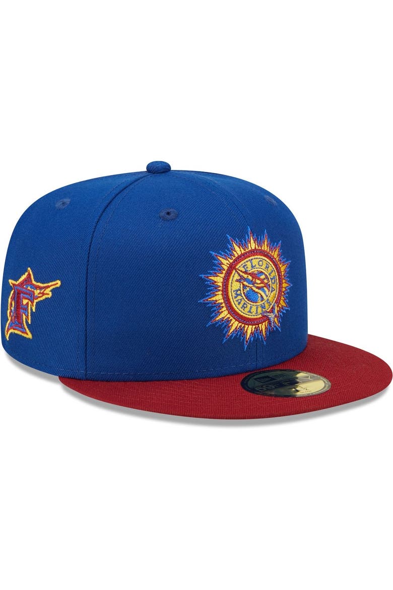 Men's New Era Royal/Red Florida Marlins Alternate Throwback Logo Primary Jewel Gold Undervisor 59FIFTY Fitted Hat, Main, color, Royal