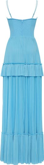 Sky-Blue Spaghetti Strap Pleated Maxi Dress
