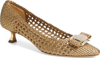 FERRAGAMO Zelma Bow Woven Pointed Toe Kitten Heel Pump