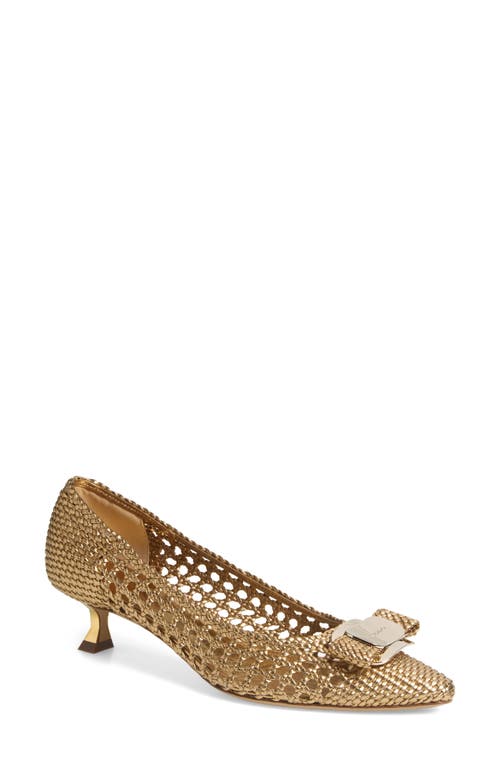 Ferragamo Zelma Bow Woven Pointed Toe Kitten Heel Pump In Gold Lux
