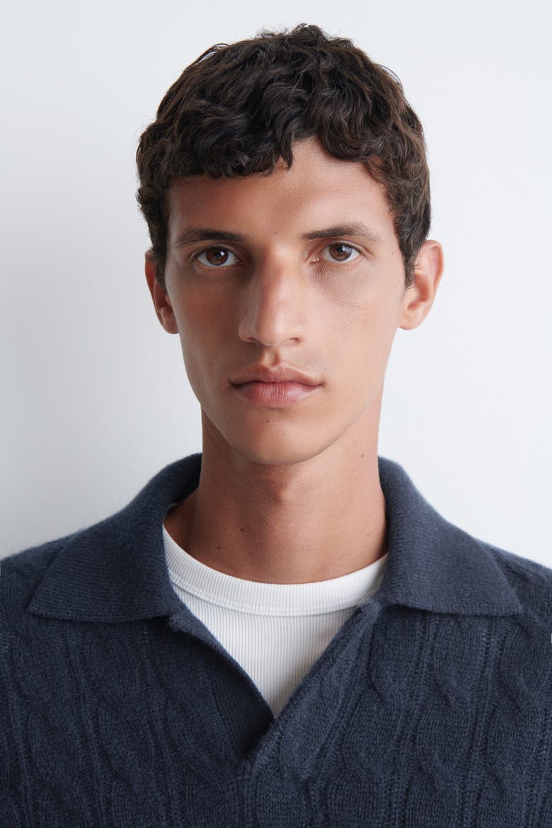 Cable-knit Pure Cashmere Polo Sweater, Alternate, color, NAVY