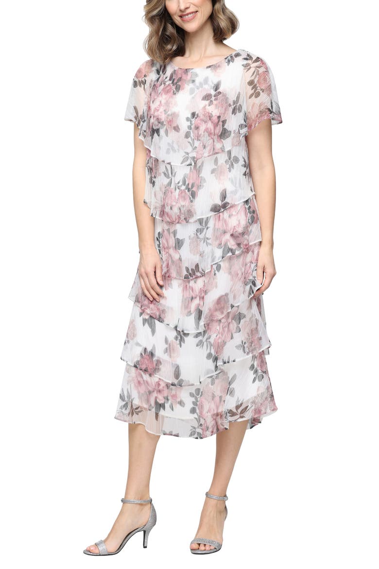 Tiered Floral Shimmer Midi Dress, Main, color, IVORY/ PINK