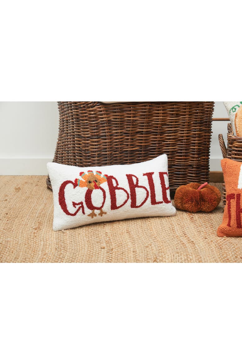 Gobble Thanksgiving Turkey Hooked Small Petite Accent Pillow 10" x 20", Alternate, color, White