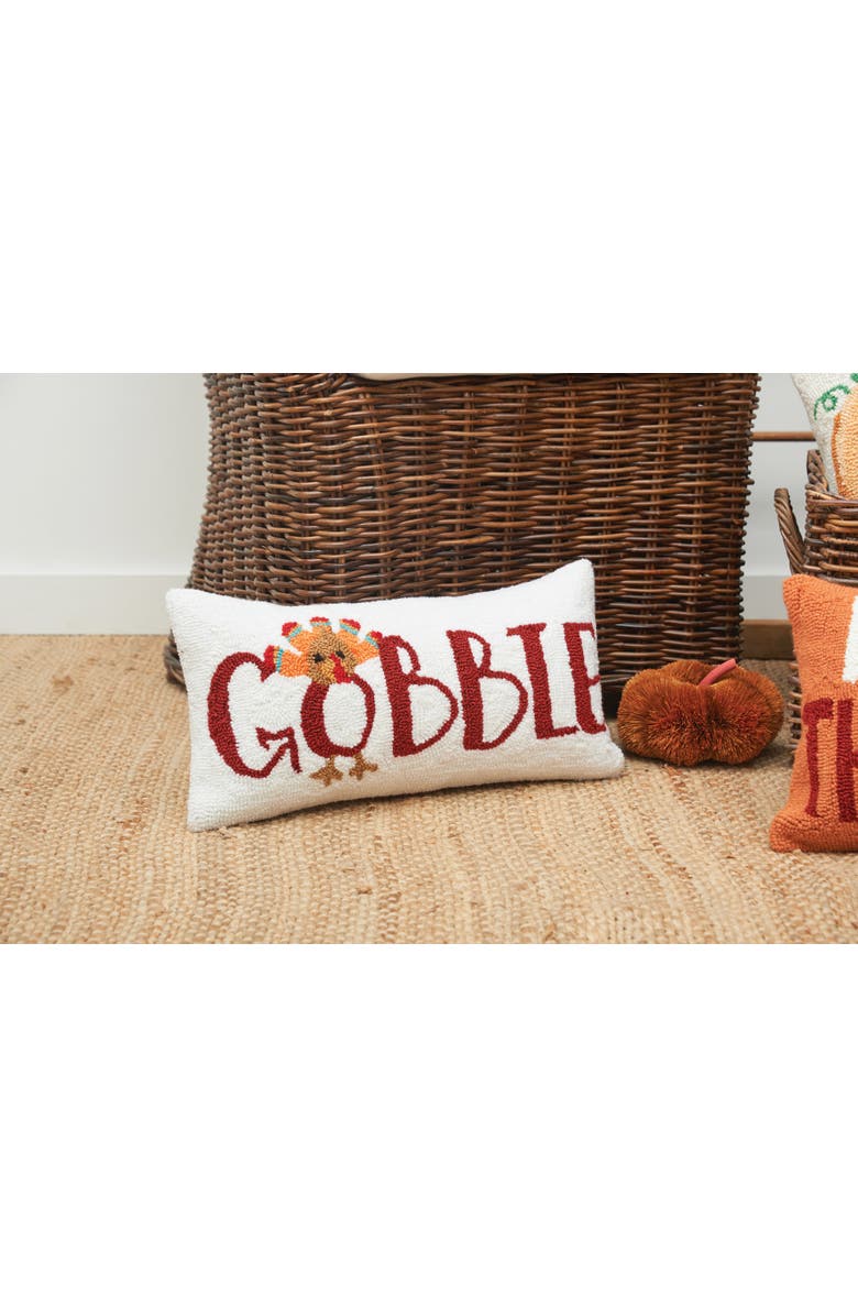 C&F Home Gobble Thanksgiving Turkey Hooked Small Petite Throw Pillow, 10" x 20", Alternate, color, White
