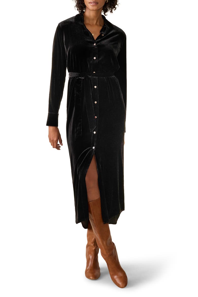 Riley Velvet Maxi Shirtdress, Main, color, BLACK