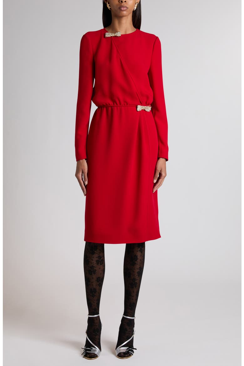 Crystal Bow Detail Long Sleeve Silk Cady Couture Dress, Main, color, RED